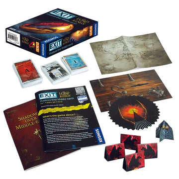 EXIT The Lord of the Rings Shadows Over Middle-earth components: cards, map, tokens, One Ring puzzle pieces.