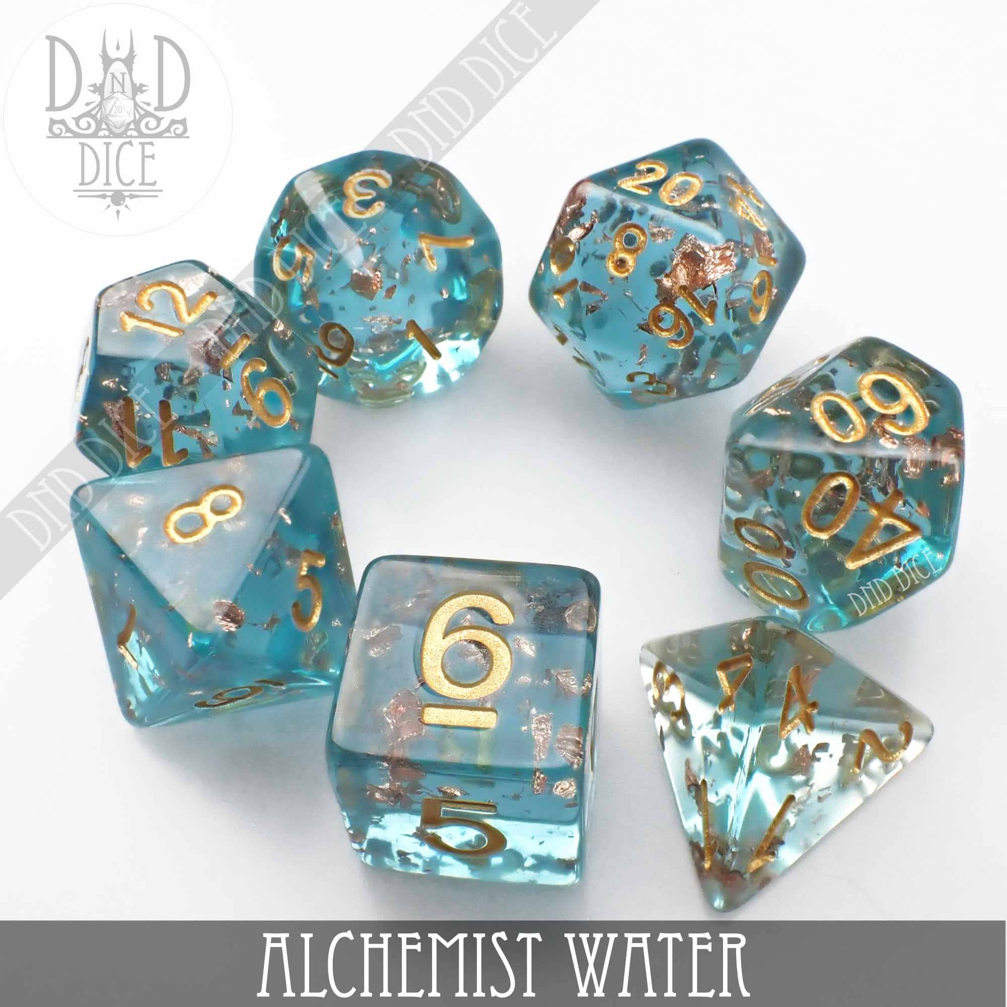 Alchemist Water 7-piece blue resin dice set with gold numbers and metallic flakes.
