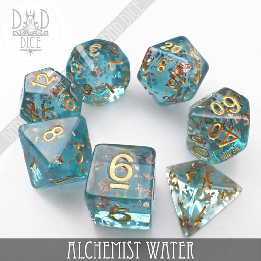 Alchemist Water 7-piece blue resin dice set with gold numbers and metallic flakes.
