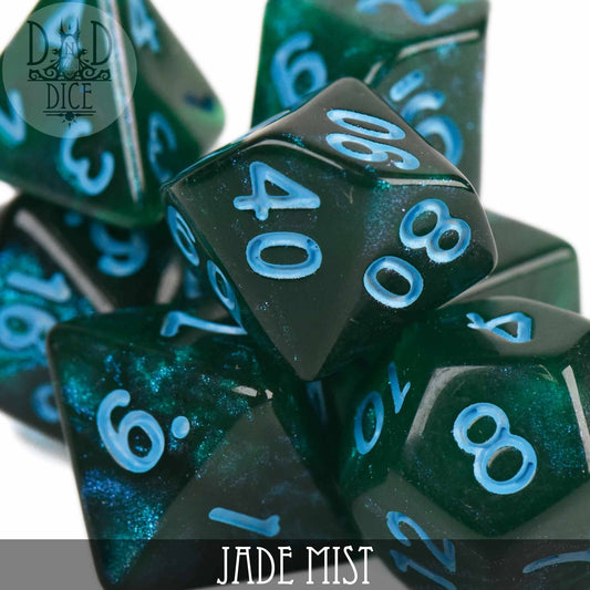 Jade Mist Glitter dice set in green and blue with light blue numbers.