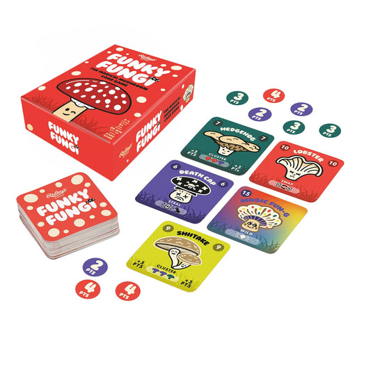Funky Fungi strategy card game with mushroom cards, point tokens, and a red box.