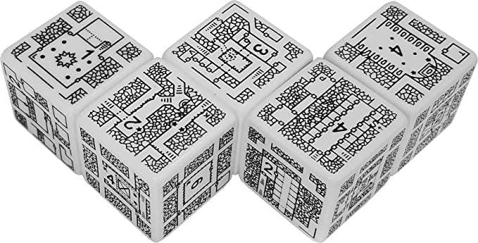 Four white DungeonMorph Dice Explorer Set dice with black dungeon designs on each face.