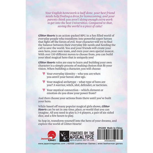 Back cover of Glitter Hearts roleplaying game focused on hero creation and magical superpowers.