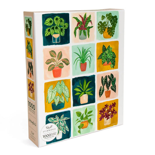 The Houseplants Puzzle, 1,000 piece jigsaw puzzle with illustrated potted plants arranged in a grid.
