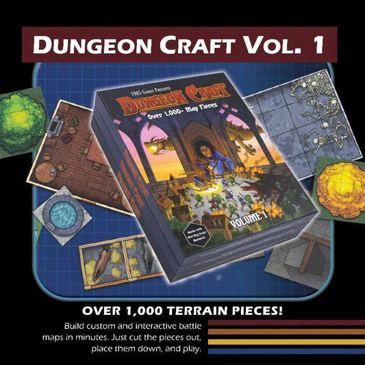 Dungeon Craft 1 box containing over 1000 2D terrain tokens for DnD maps, battles, and 5e sessions.