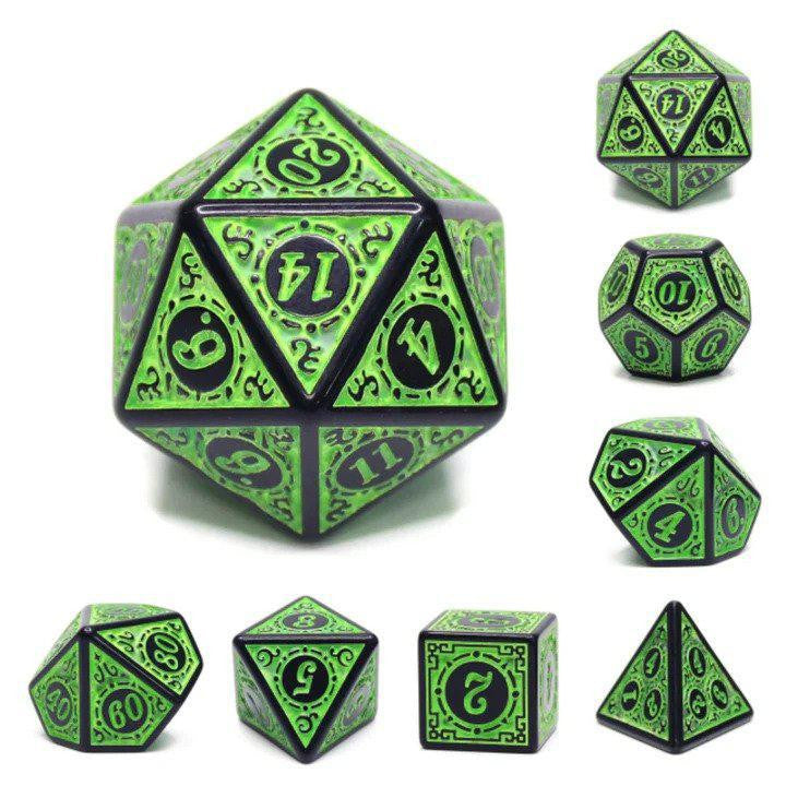 The Magic Flame - Green RPG Dice Set with green and black polyhedral dice for D&D, including a 20-sided die.