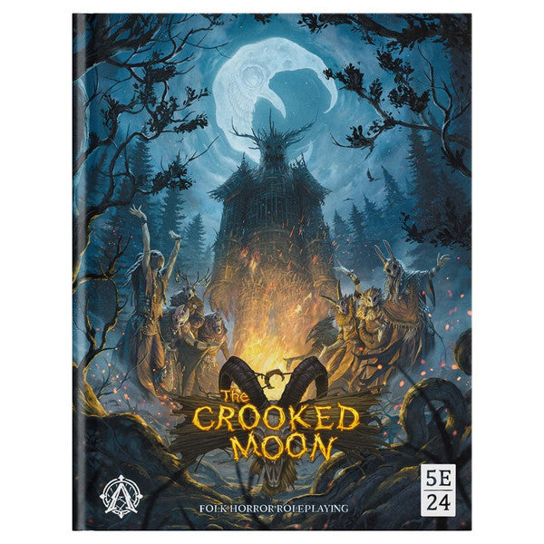 D&D 5E: The Crooked Moon Core Book cover with robed figures, bonfire, twisted house, full moon, and folk horror subclasses.
