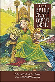 The Druid Craft Tarot Deck (Second Edition) featuring a pregnant woman in green seated on a throne outdoors.