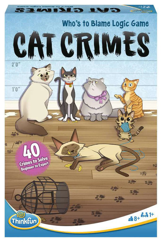 Cat Crimes logic game box featuring six illustrated cats with yarn and toppled items on a rug.