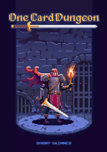 One Card Dungeon by Barny Skinner, featuring a knight with torch and sword at a dungeon gate. Solo dungeon crawl game.
