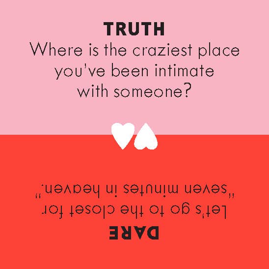 After Dinner Amusements: Truth or Dare for Couples game featuring intimacy question and dare prompt.