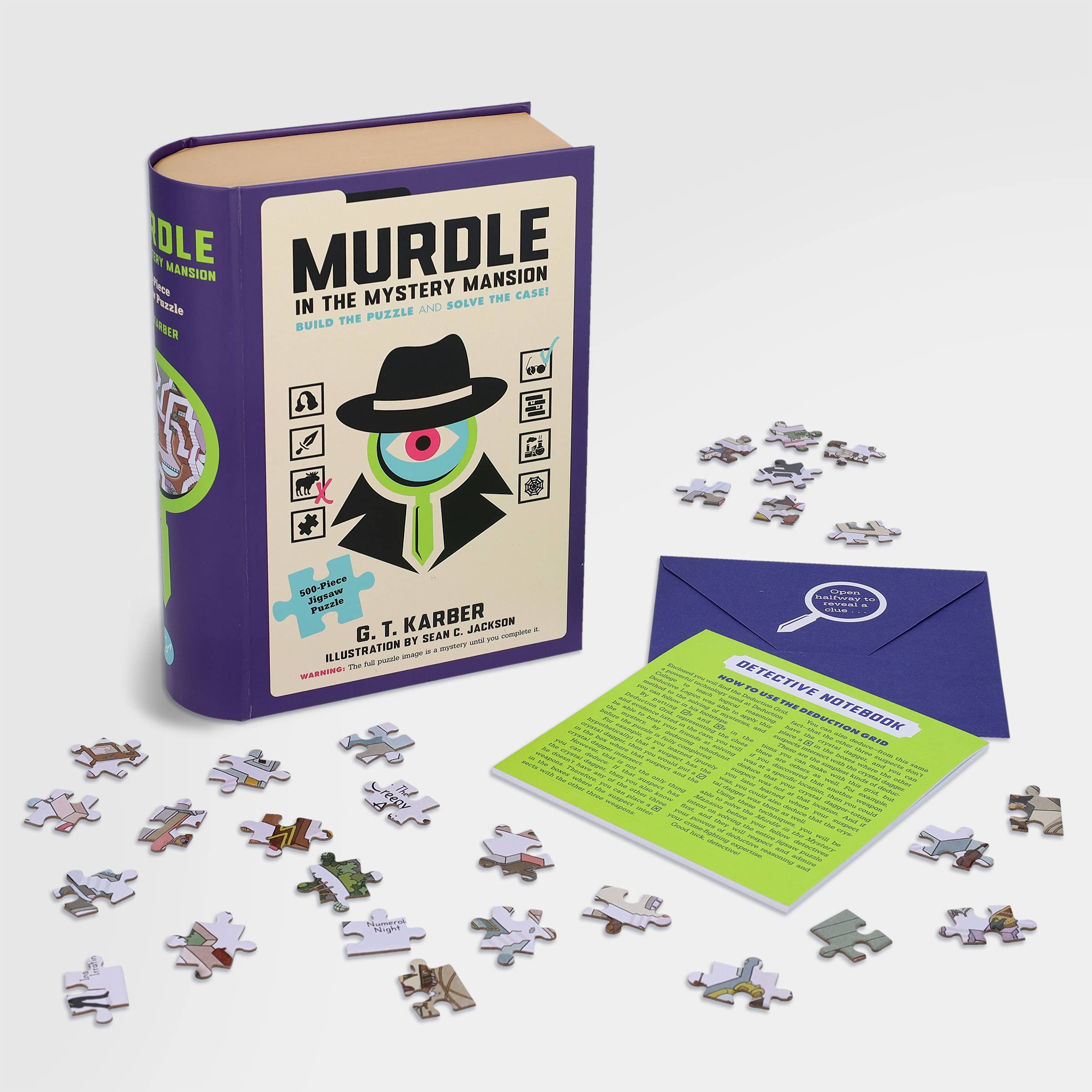 Murdle in the Mystery Mansion 500-piece puzzle, book, and clues set on a white surface.
