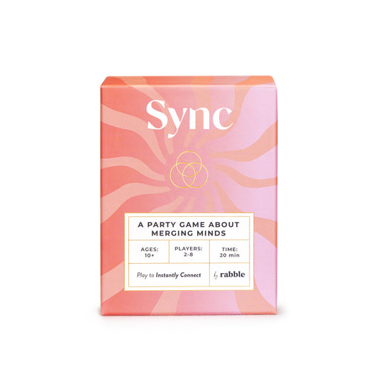 Sync party game, pink box with sunburst patterns and connection circles on the front.