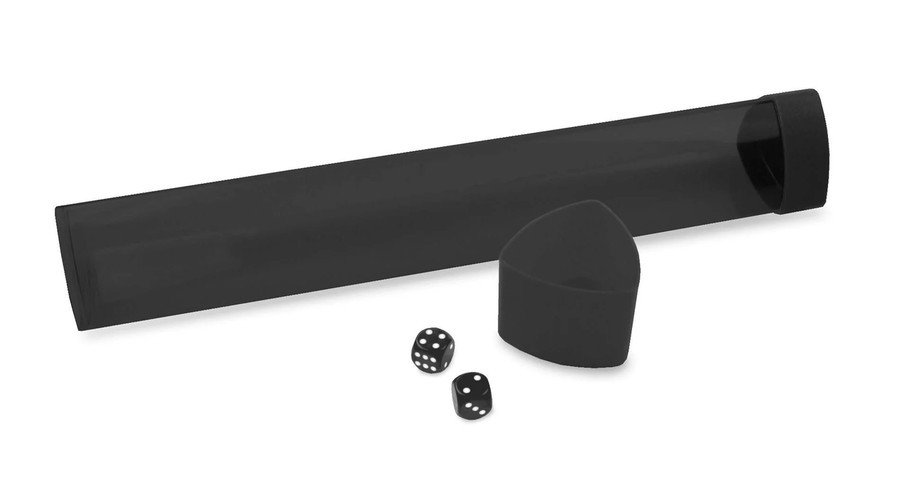 Smoke Playmat Tube with Dice Cap and two black six-sided dice for storage.