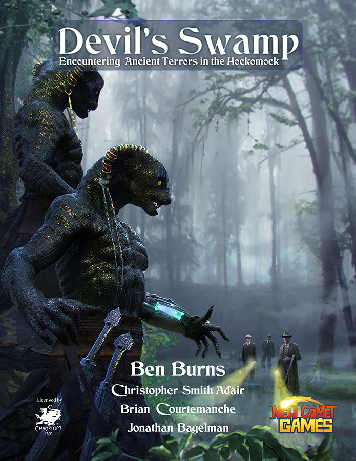 Devils Swamp - Call of Cthulhu cover featuring two reptilian creatures and four people in mist.