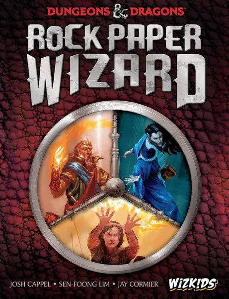 D&D: Rock Paper Wizard board game cover with three illustrated spell-casting characters.