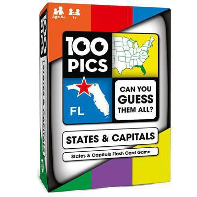 100 PICS US States and Capitals flash card game with map, for ages 6 and up.
