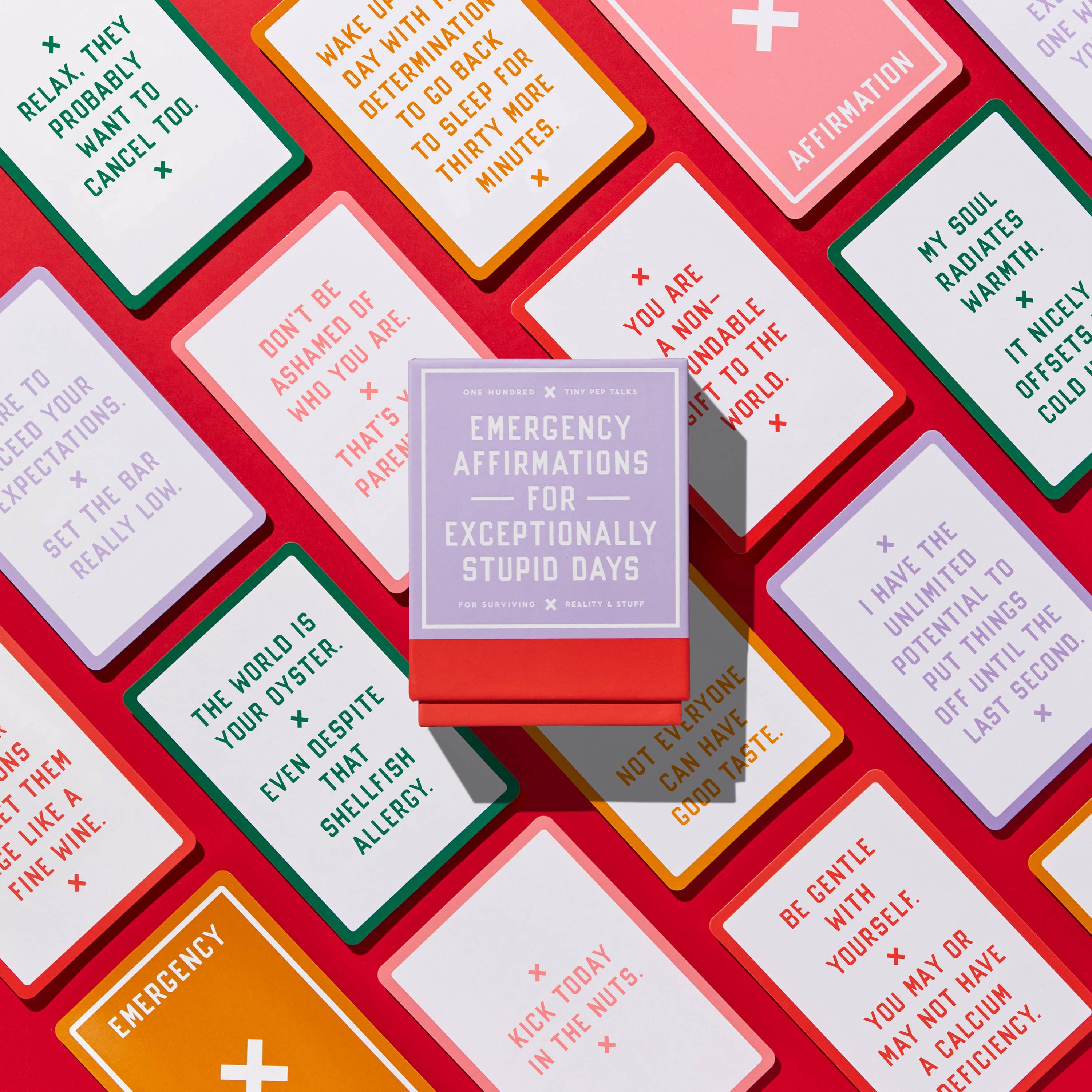 Brass Monkey Emergency Affirmations Exceptionally Stupid Days Card Deck with colorful affirmation cards.