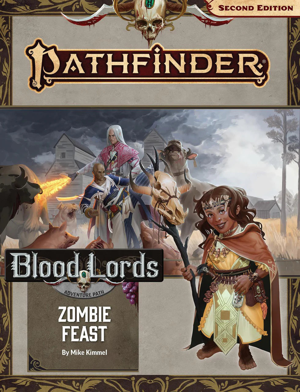 Pathfinder 2e Adventure Path: Zombie Feast (Blood Lords 1/6) cover featuring three adventurers and zombies near a barn.