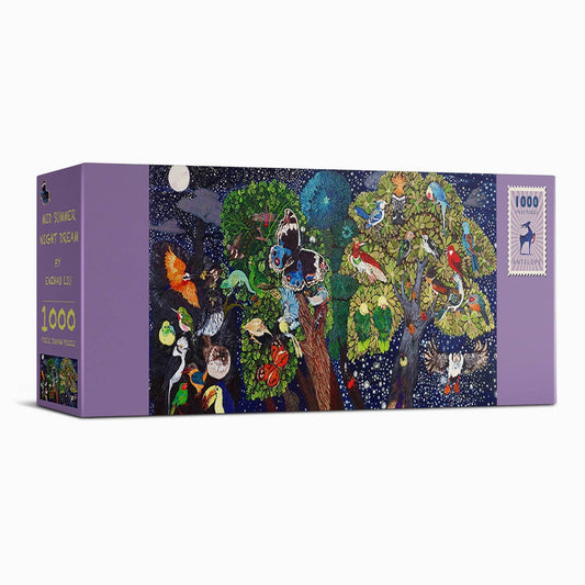 Mid Summer Night Dream by Enzhao Liu, 1000-piece puzzle with colorful birds in trees under a starry sky.