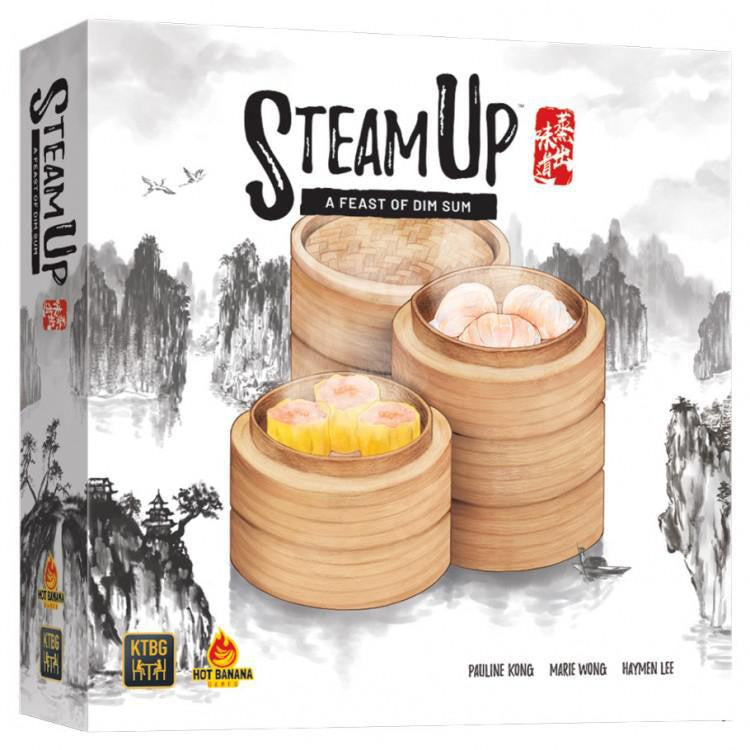 Steam Up: A Feast of Dim Sum board game box with bamboo steamers on the cover.