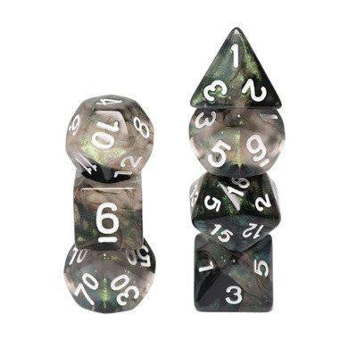 Glow in the Dark Storm Chaser RPG dice sets with marble patterns and white numbers on a white background.