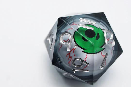 35mm Moving Eye D20 Inkshot Eye, clear die with red-veined moving eye, shown on a white background.