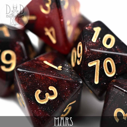 Mars Galaxy 11 Dice Set with speckled red and black acrylic dice, gold numbers.