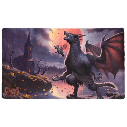 Dragon Shield Playmat Halloween 2023 featuring a large weredragon and baby flying over jack-o-lanterns.