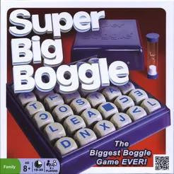 Super Big Boggle game with 6x6 letter grid, timer, and logo on a red box.