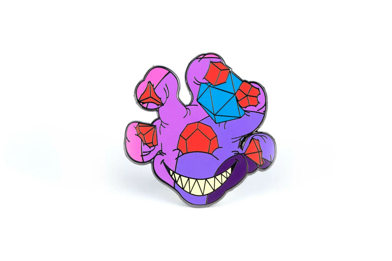 Purple Beholder with sharp teeth and gems on a hard enamel pin.