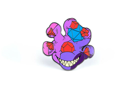 Purple Beholder with sharp teeth and gems on a hard enamel pin.