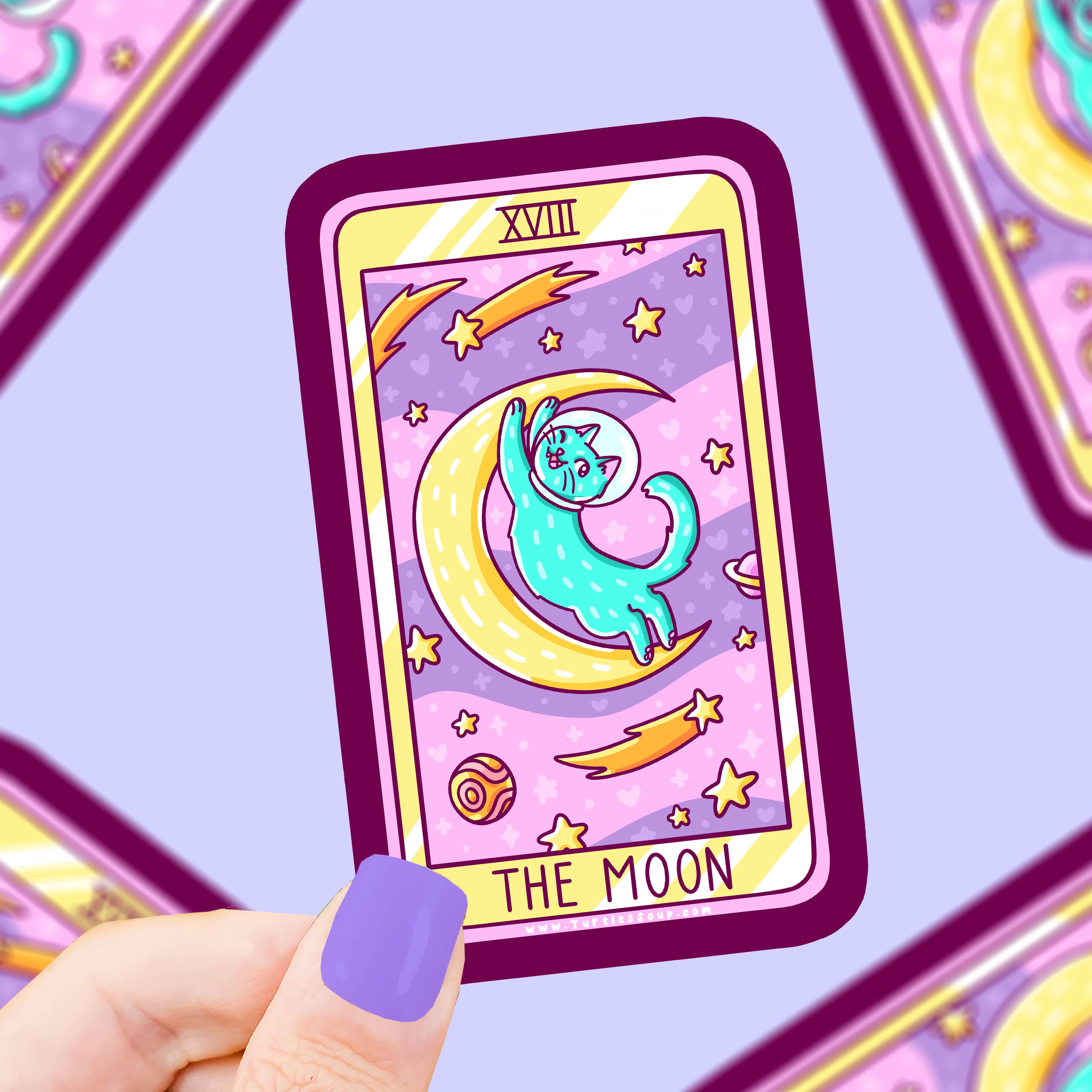 The Moon Cat Major Arcana Tarot Card Vinyl Sticker with a blue cat on a crescent moon, stars, and comets.