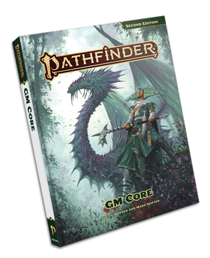 Pathfinder RPG 2e GM Core Remastered book cover featuring a warrior and green dragon in a fantasy forest.