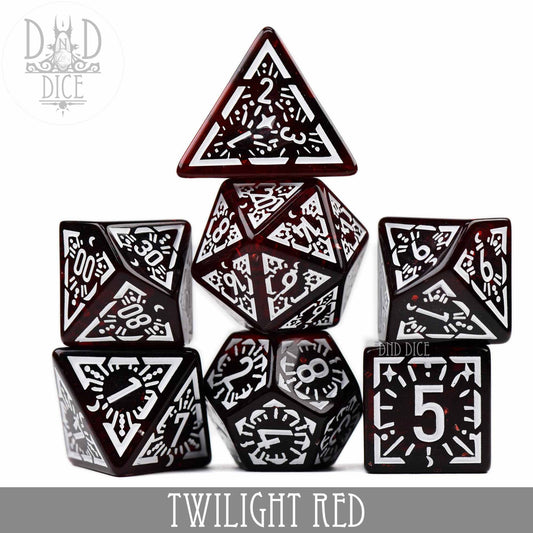 Twilight Red: set of 7 dark red acrylic dice with white designs for tabletop gaming.