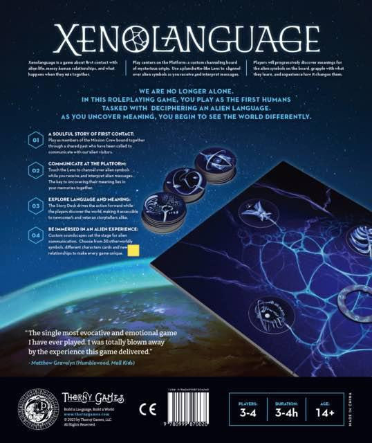 Back cover of Xenolanguage: A Game About Alien Language and Human Memory, showing tokens, game information, and a quote.