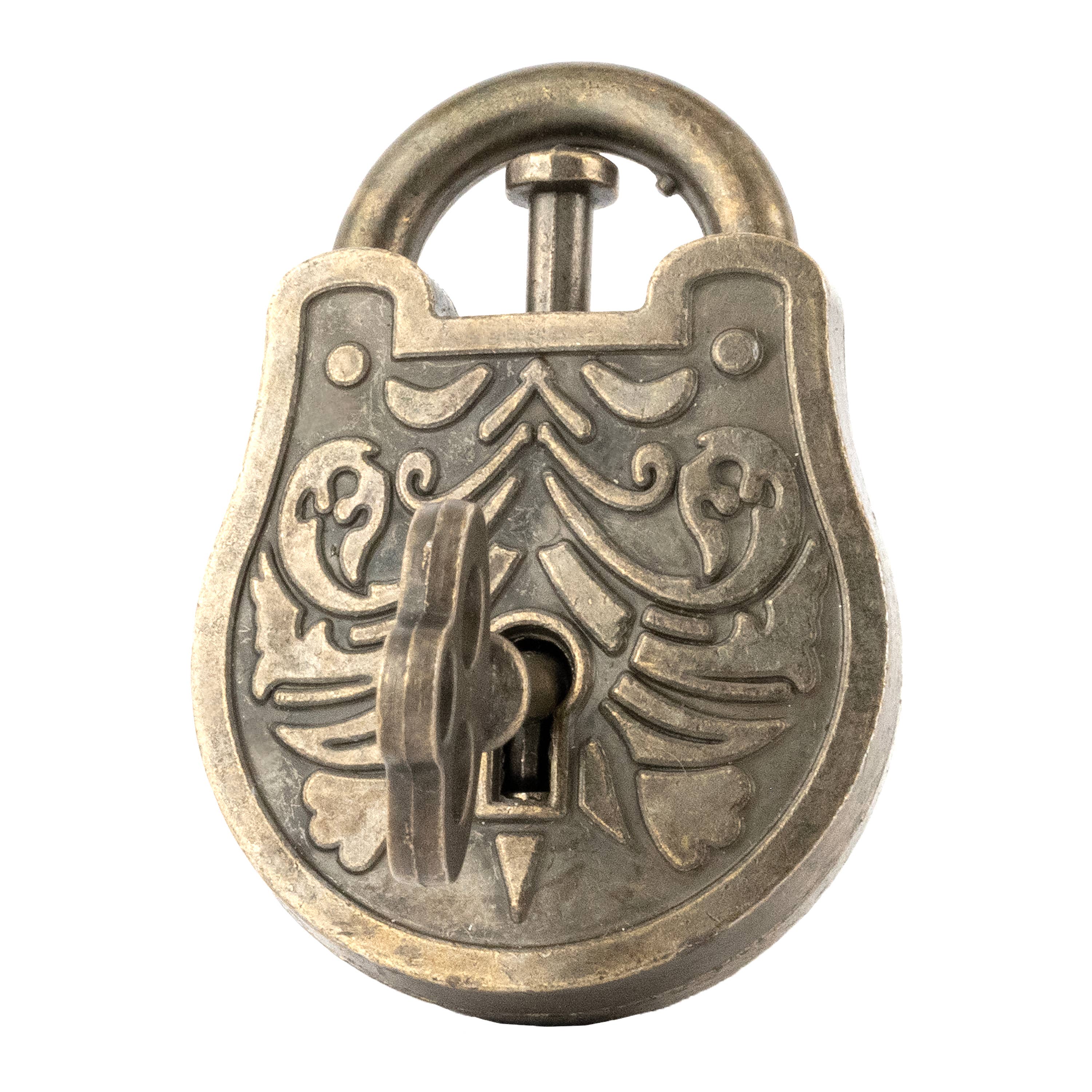 True Genius Greek Trick Lock Puzzle with engraved brass patterns and classic keyhole, inspired by Theodorus of Samos.
