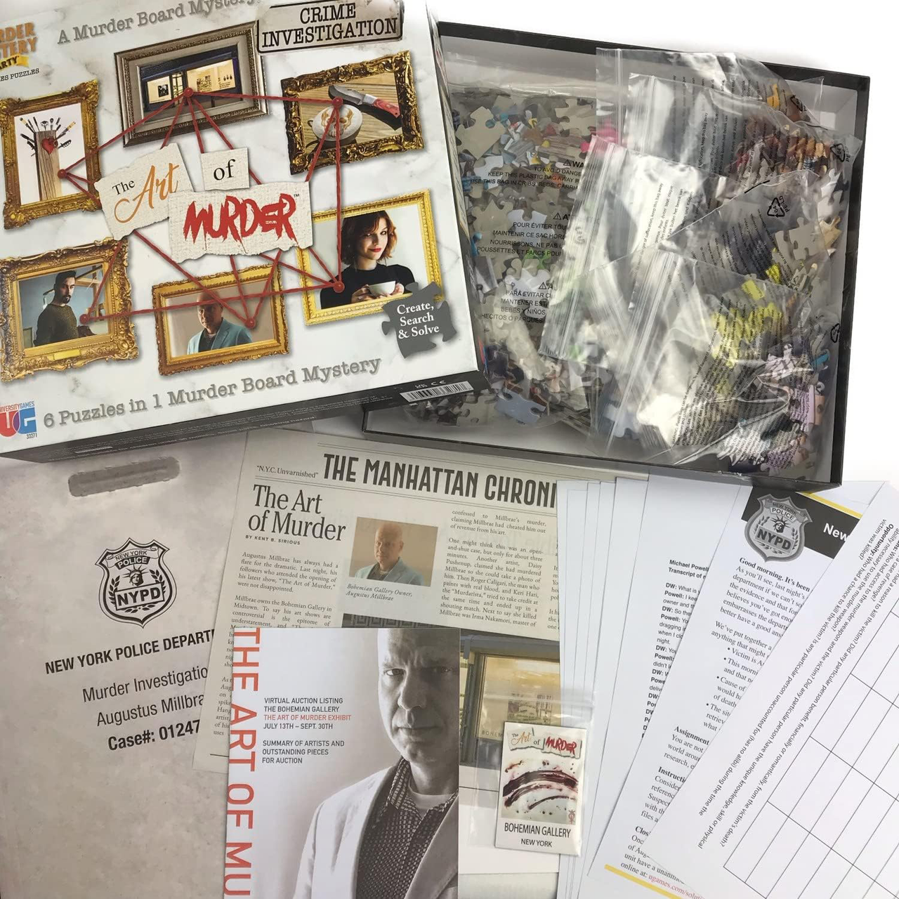The Art of Murder Case File Puzzle Mystery game with evidence sheets and NYPD-themed crime materials on a table.