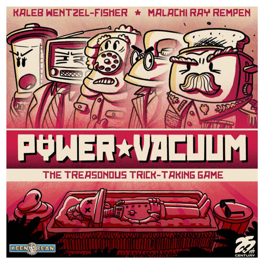 Power Vacuum card game with cartoon robots in uniforms standing over another robot; title text included.