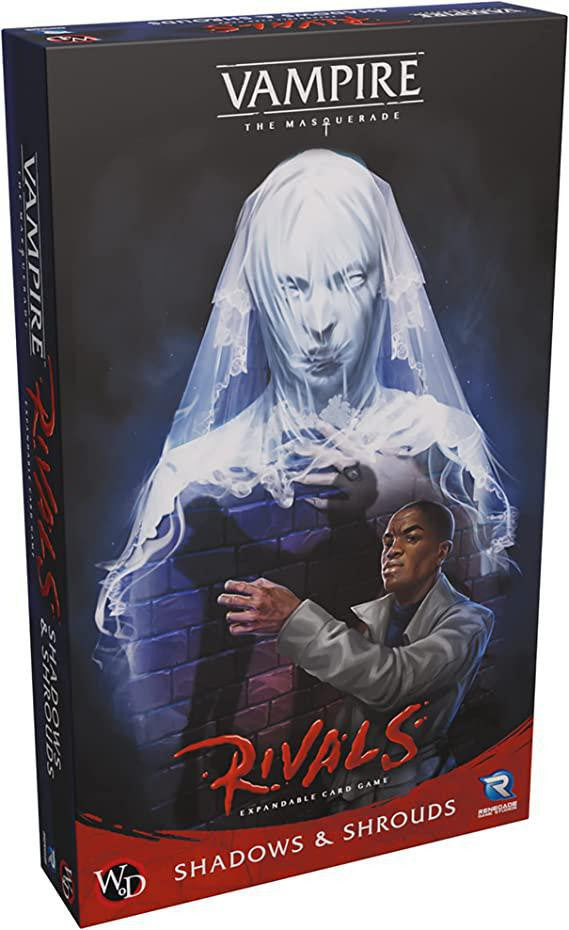 Vampire The Masquerade Rivals ECG: Shadow & Shroud Expansion box featuring Lasombra, Hecata, and a ghostly figure.