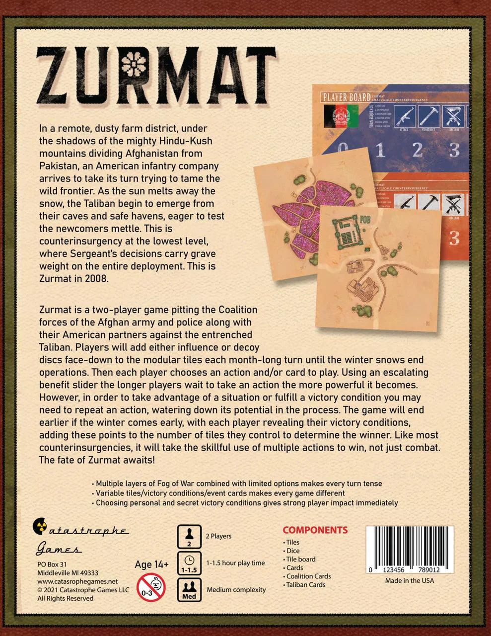 Zurmat box back with game description, components list, and images for 2-player tactical war game.
