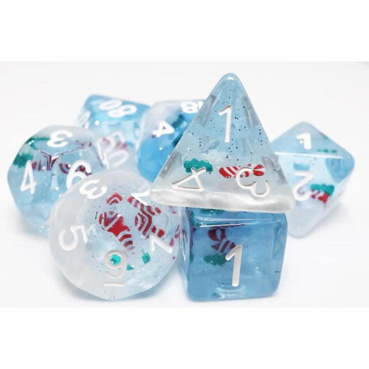 Cozy Socks RPG Dice Set: blue translucent dice with white numbers and candy cane decorations inside.