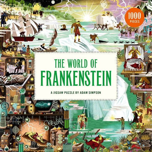 The World of Frankenstein 1000 Piece Puzzle box featuring artwork by Adam Simpson.