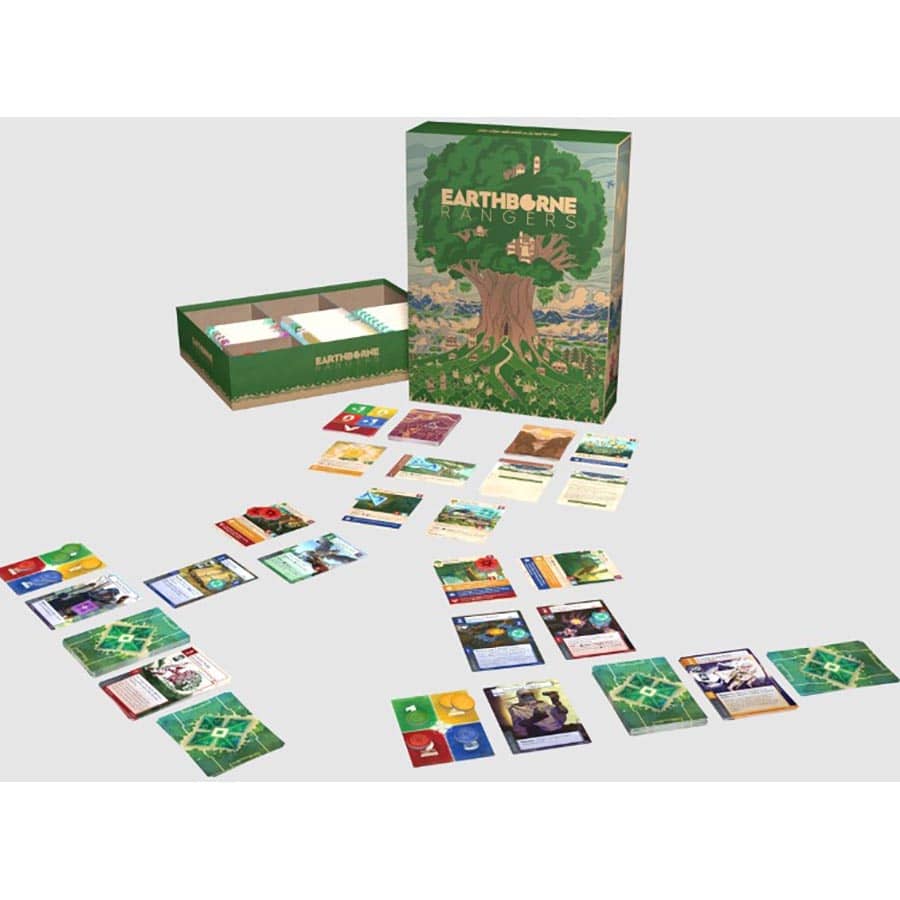 Earthborne Rangers board game box with cards and tokens displayed on a white surface.