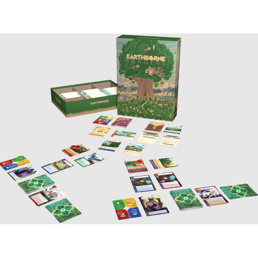 Earthborne Rangers board game box with cards and tokens displayed on a white surface.