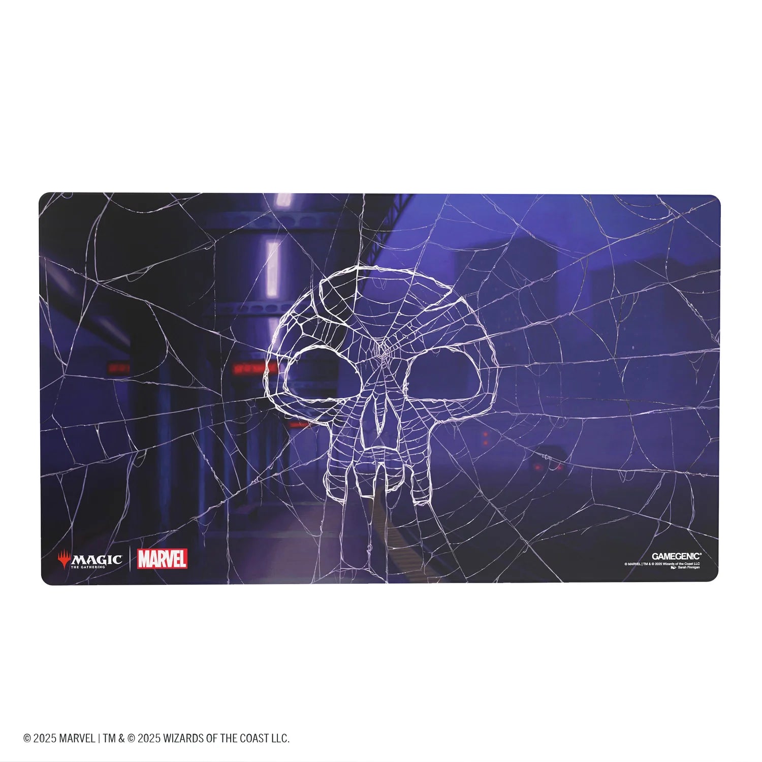 MTG Spider-Man Shiny Playmat – Spider-Man Swamp with a skull-shaped spiderweb over a dark city.
