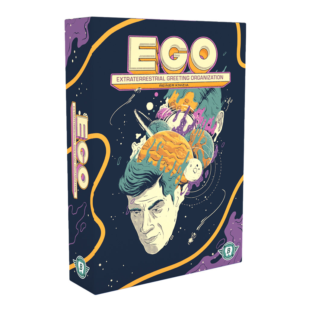 EGO board game box featuring surreal artwork with a head, brain, space themes, and hints of alien life.