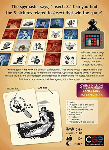 Codenames Pictures XXL box with cards and instructions for 2-8 players, ages 10+, 15 minute playtime.
