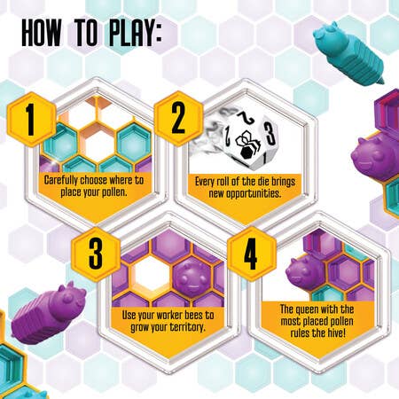 Queen Swarm board game with hexagons, dice, and bee tokens shown in a four-step learning sequence.