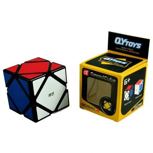 QY Speed Cube Skewb and yellow QY Toys box labeled SpeedCube, marked for ages 6 and up.